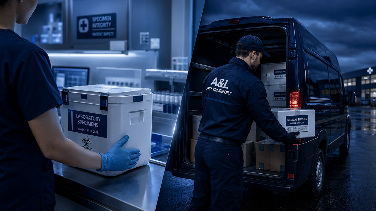 A&L Pro Transport courier loading medical supplies and laboratory specimens into a delivery van
