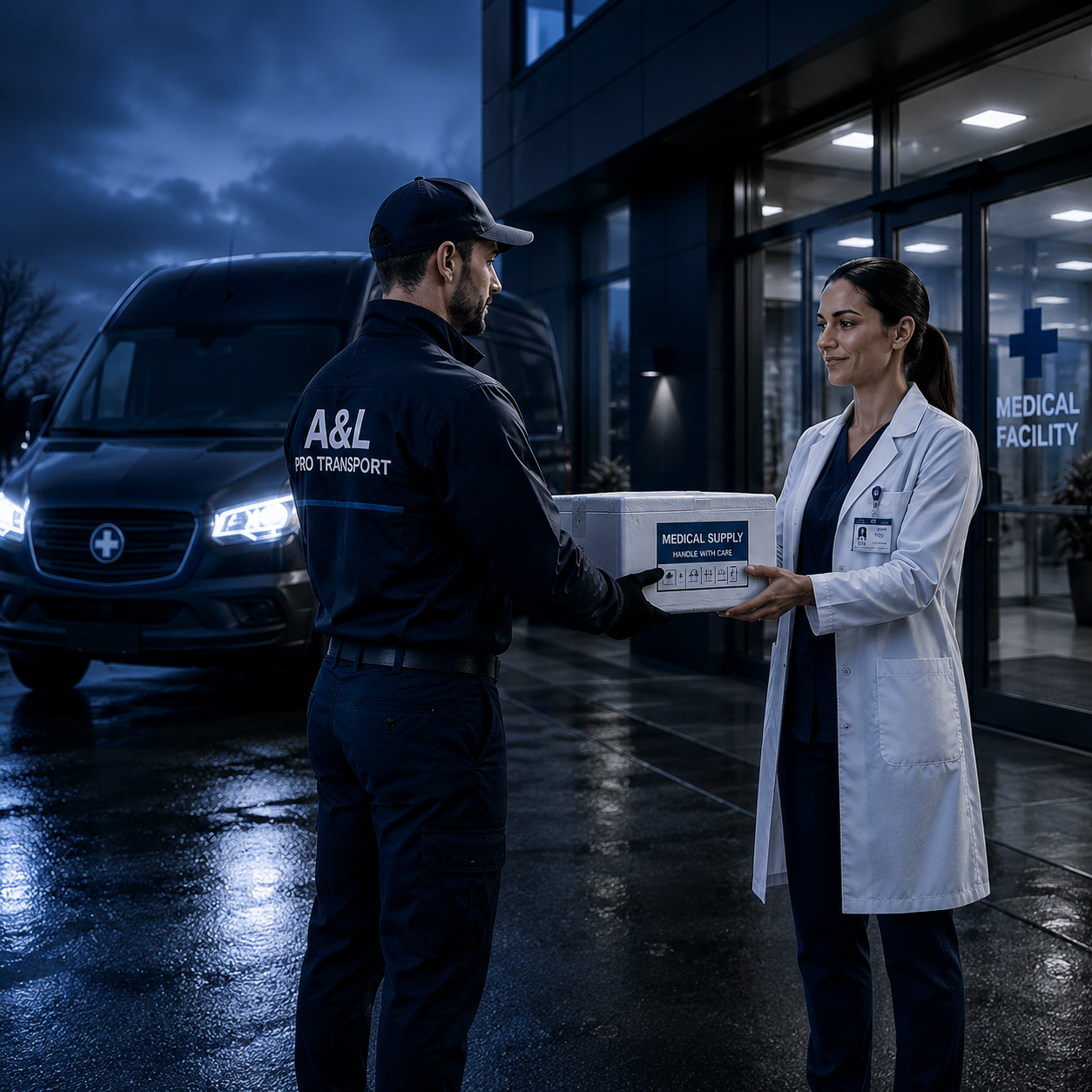 Medical courier loading a specimen cooler into a delivery van